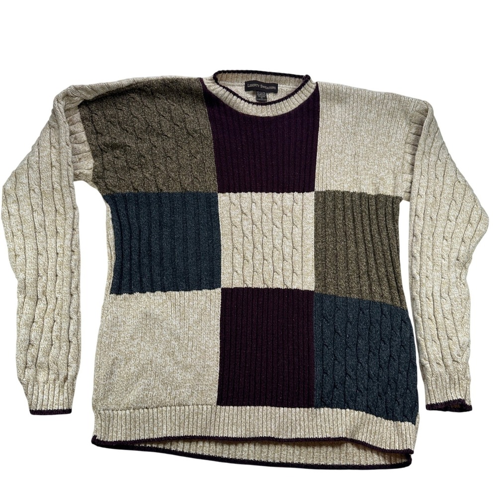 Liberty Sweaters Patchwork Cable Knit Sweater Vintage‎ Burgundy Tan Navy Men XL